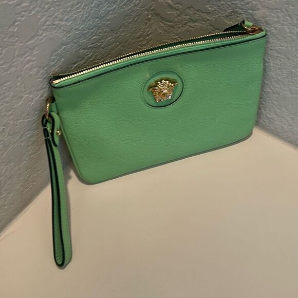Versace Zip Top Medusa Emblem Wristlet Clutch Lime Green Leather Luxury - Picture 3 of 13